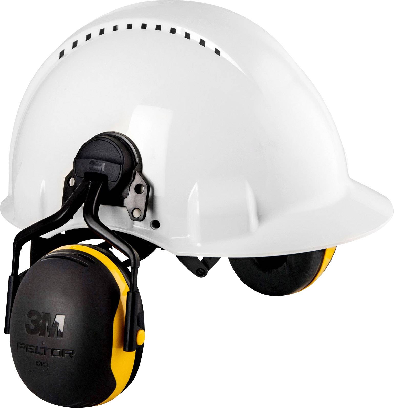 Ein weißer Schutzhelm mit gelbem und schwarzem Gehörschutz, geeignet für Arbeiten in lauter Umgebung oder auf Baustellen.