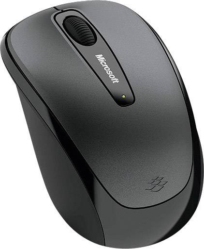 Schwarze kabellose Computermaus mit Scrollrad und Tasten, auf der ein Herstellerlogo sichtbar ist.