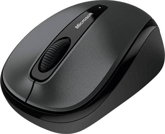 Eine schwarze Computermaus mit einem Scrollrad und einem 'Microsoft'-Logo oben.