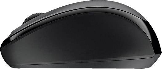 Schwarze, kabellose Computermaus in Seitenansicht, mit sichtbarem Scrollrad, auf weißem Hintergrund.