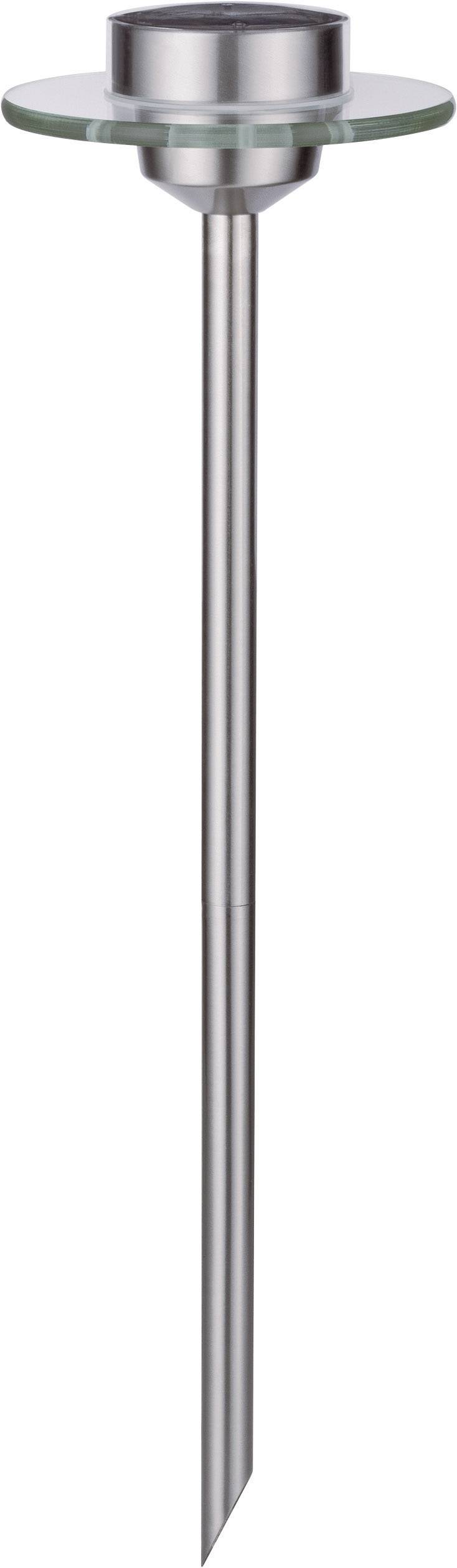 Metallisch-silberne Außenleuchte mit Erdspieß zur Bodenbefestigung, oben eine flache, runde Glasscheibe für Lichtaustritt.