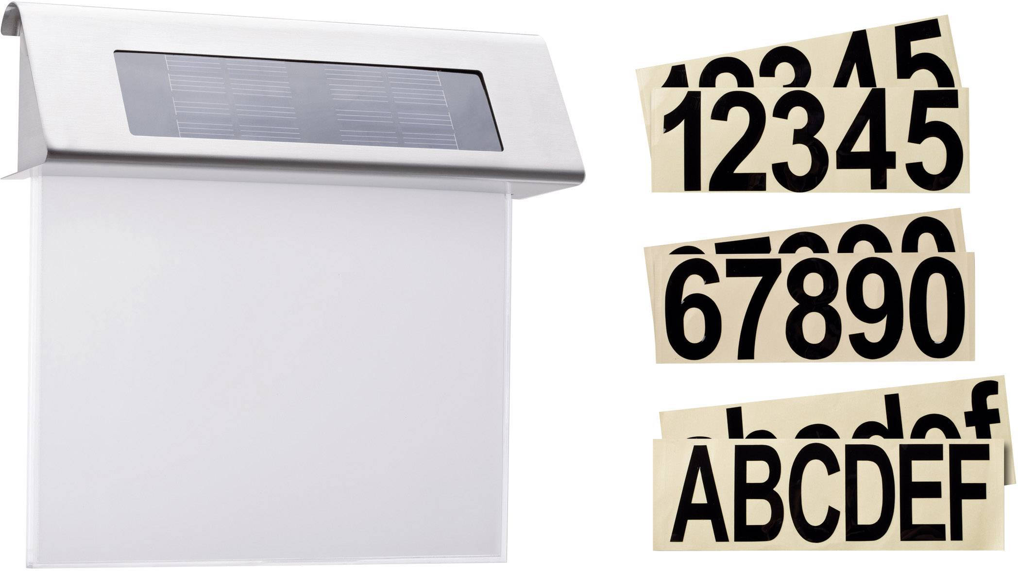 Solarleuchte mit Sonnenkollektor oben und LED-Licht unten. Daneben Schablonen mit Zahlen und Buchstaben zur Personalisierung.