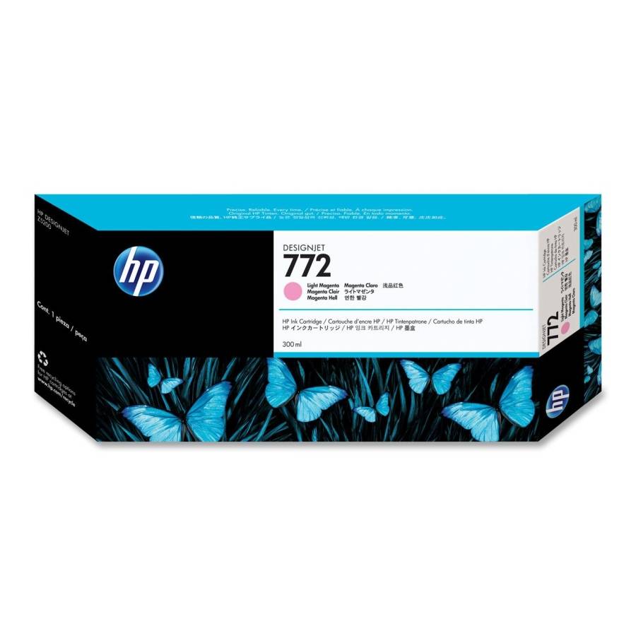 HP Druckerpatrone mit der Nummer 772 in Magenta, Gelb und Cyan. Verpackung zeigt Schmetterlinge und ist für DesignJet-Drucker geeignet.