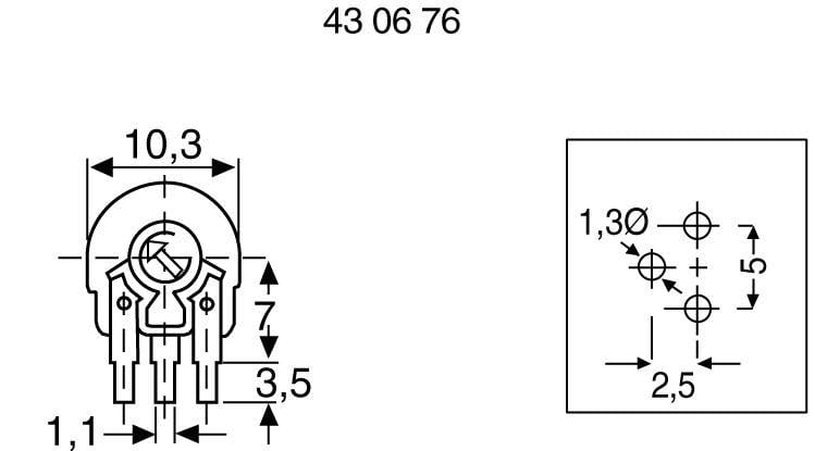 'Schaltplan eines elektronischen Bauteils mit Abmessungen: Breite 10,3 mm, Höhe 7 mm, Pin-Abstand 3,5 mm. Zusatzinformation: Bohrlöcher 1,3 mm, Abstand 2,5 mm.'