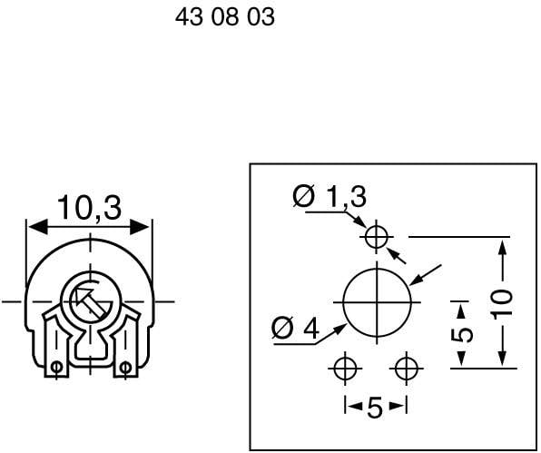 Technische Zeichnung eines Bauteils mit Maßen in Millimetern. Links: halbrunde Form, 10,3 breit. Rechts: Kreis mit Durchmesser 4 mm, Bohrungen.