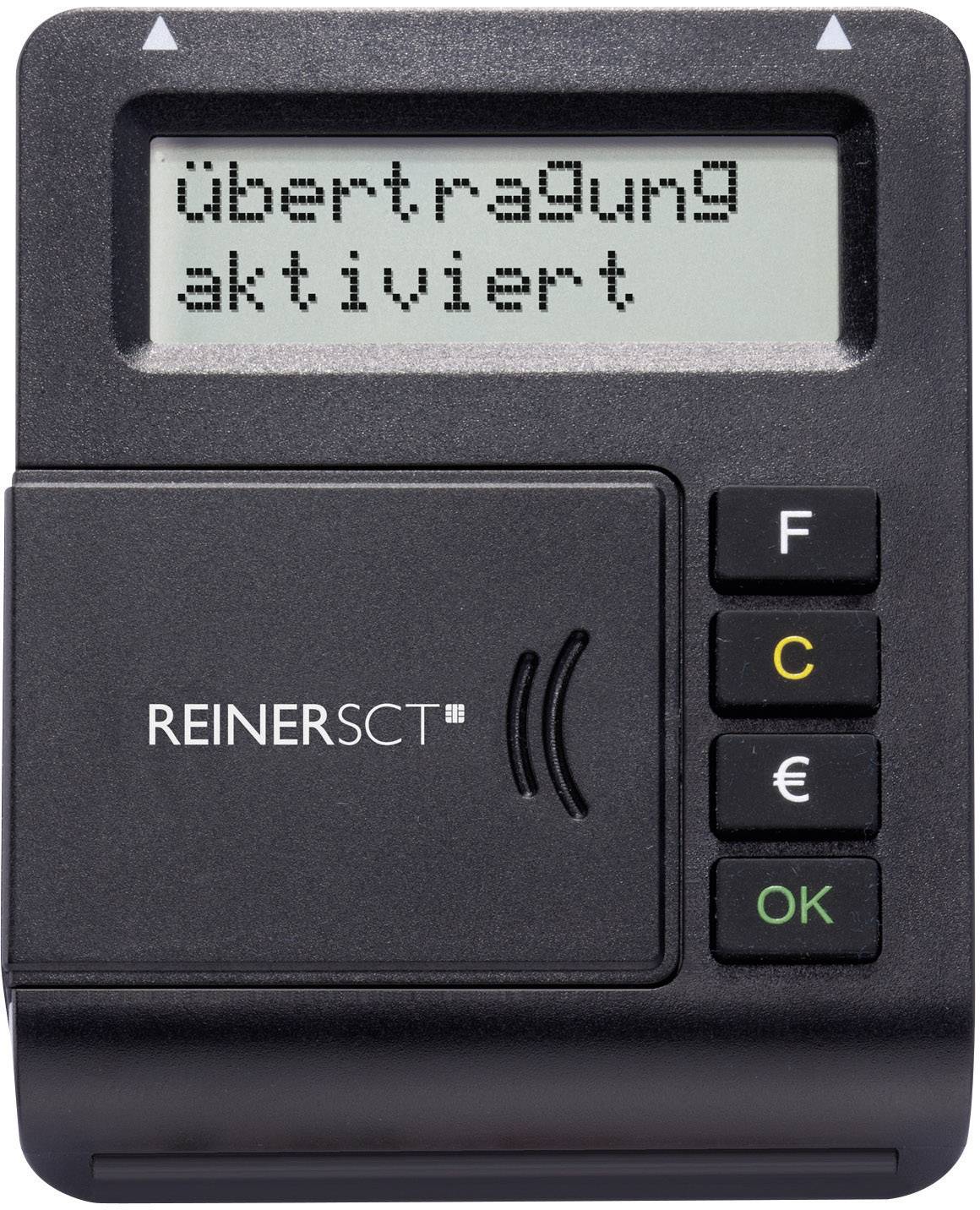 Ein schwarzes Kartenlesegerät mit Display zeigt 'Übertragung aktiviert'. Darunter befinden sich drei Tasten mit den Beschriftungen F, C, und EUR sowie OK.