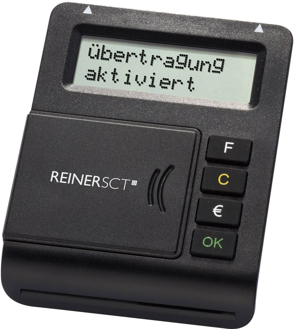 Ein Chipkartenlesegerät mit Tasten und Display, auf dem 'Übertragung aktiviert' steht.