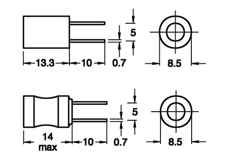 Technische Zeichnung von zwei elektronischen Bauteilen in verschiedenen Ansichten: rechteckige und zylinderförmige Form mit Maßen.