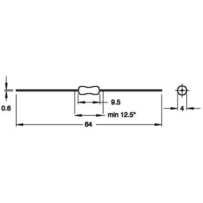 Abbildung eines axialen, zylindrischen elektronischen Bauteils mit einer Länge von 64 mm. Seitliche Ansicht und Endansicht mit Maßen.