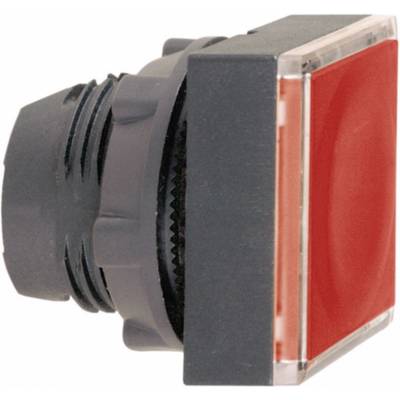 Roter quadratischer Druckknopf, in eine schwarze Fassung eingebaut. Wird häufig als Not-Aus-Schalter in Maschinen verwendet.