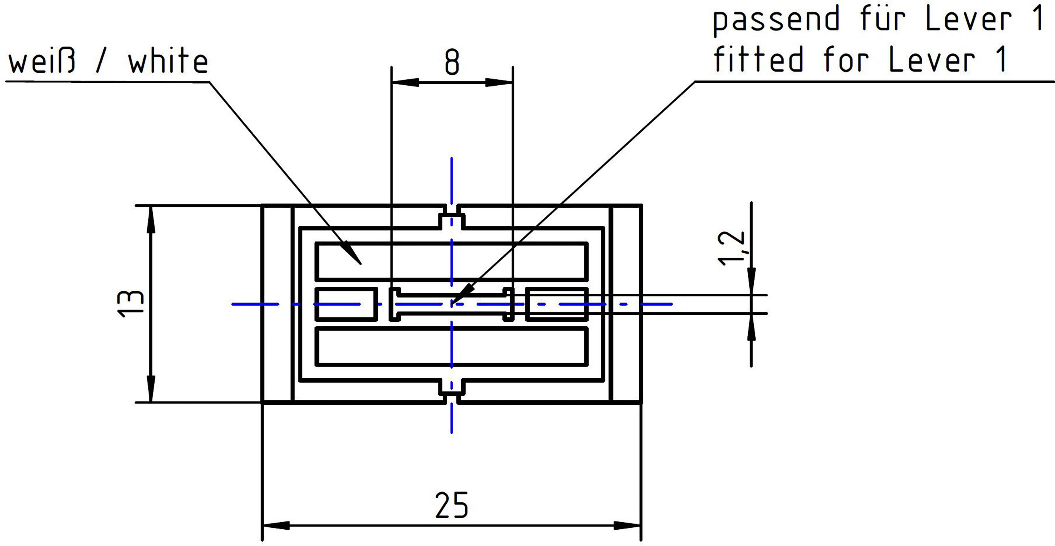 Technische Zeichnung eines weißen Steckers, passend für Hebel 1, mit den Maßen: Länge 25 mm, Breite 13 mm, Höhe 8 mm.