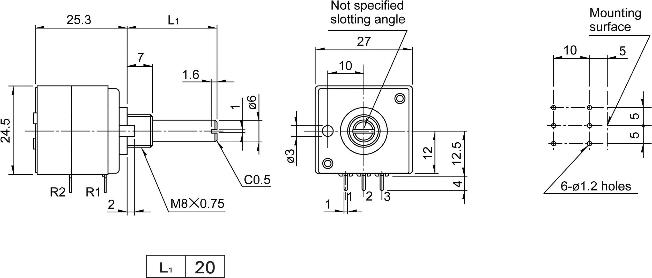 Technische Zeichnung eines Motors mit Abmessungen. Zeigt Gehäuse, Welle, Montagefläche und Lochpositionen. Winkel nicht spezifiziert.