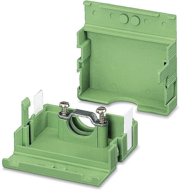 Grüne elektrische Klemme mit Schraubverbindung, geöffnet. Geeignet zum Sichern und Verbinden von elektrischen Leitern auf einer DIN-Schiene.