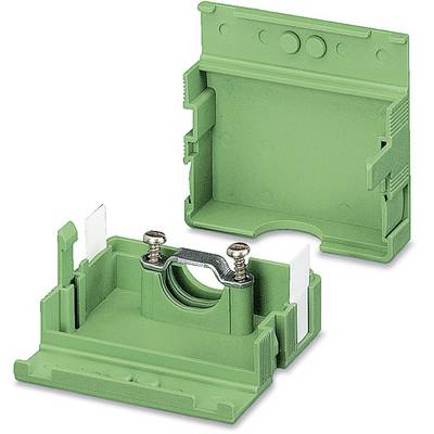 Grüne elektrische Klemme mit Schraubverbindung, geöffnet. Geeignet zum Sichern und Verbinden von elektrischen Leitern auf einer DIN-Schiene.