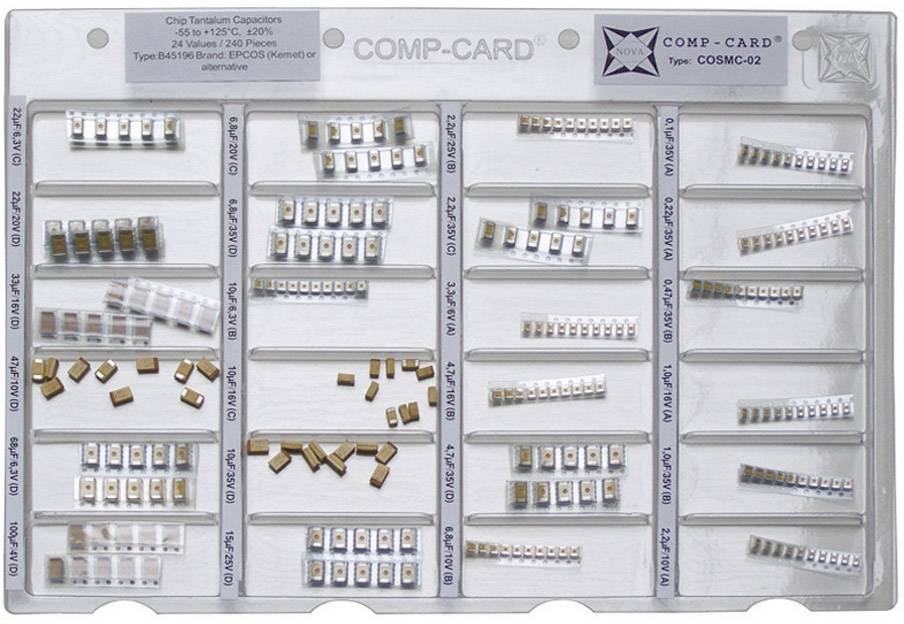 'COMP-CARD' mit verschiedenen SMD-Kondensatoren in einem Tablett organisiert, Beschriftungen für jede Reihe, geeignet für Elektronikprojekte.