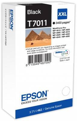 Verpackung einer schwarzen Epson T7011 XXL-Tintenpatrone, geeignet für verschiedene Workforce-Pro-Modelle, Reichweite: ca. 3400 Seiten. Bild von Pyramiden.