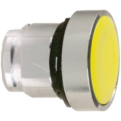 Gelber Druckknopf mit metallener Fassung, verwendet als Bedienungselement in Maschinensteuerungen oder Elektronikgeräten.