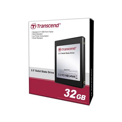 Eine Verpackung für eine Transcend 2,5-Zoll-Solid-State-Drive mit 32 GB. Merkmale sind: geringe Leistungsaufnahme, leiser Betrieb, stoßfest.