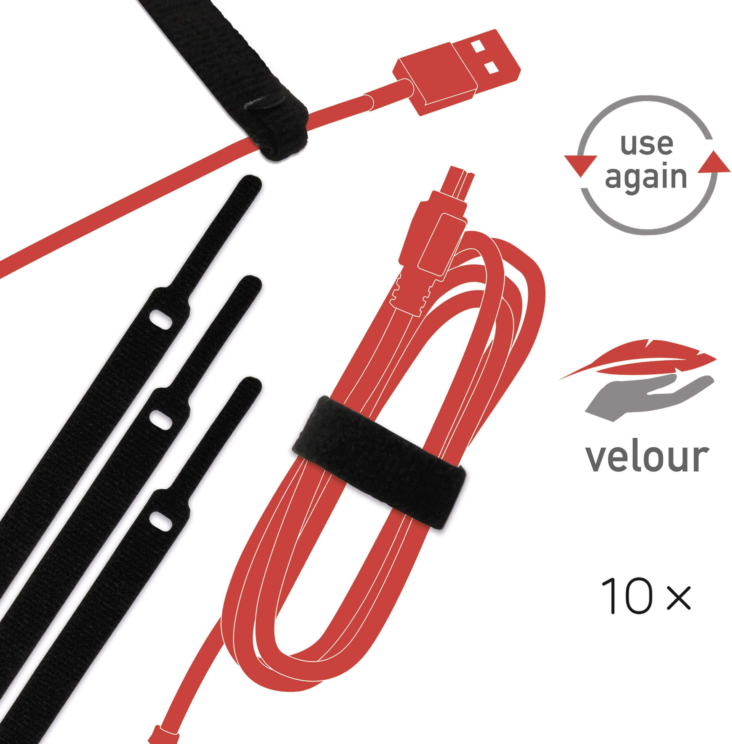 Schwarze Klettbänder fixieren rote Kabel. Das Set enthält zehn Bänder. Text zeigt 'use again' und 'velour'.