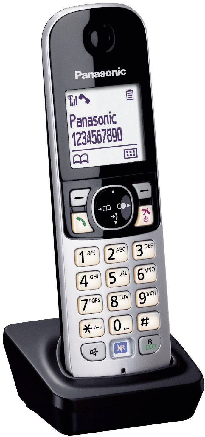 Ein schnurloses Telefon der Marke Panasonic mit digitalem Display, das eine Telefonnummer anzeigt. Es befindet sich in einer Ladeschale.
