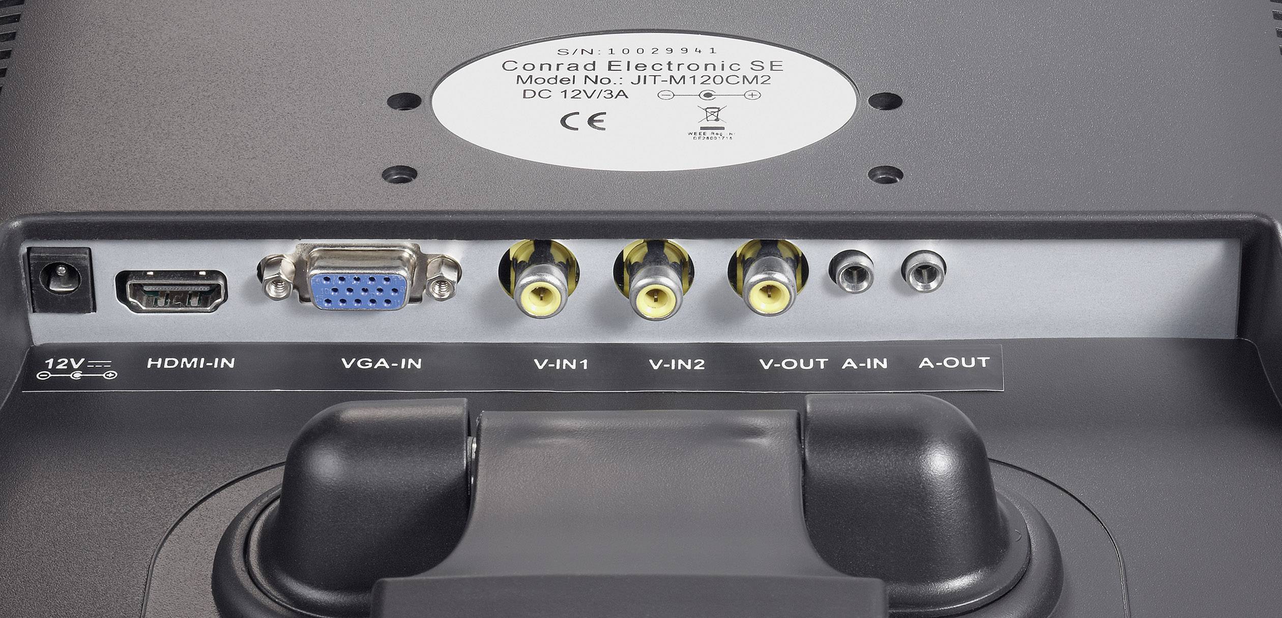 Rückseite eines Geräts mit 12V-IN, HDMI-IN, VGA-IN, drei Video-Eingängen (V-IN 1-3), V-OUT, A-IN und A-OUT Anschlüssen.