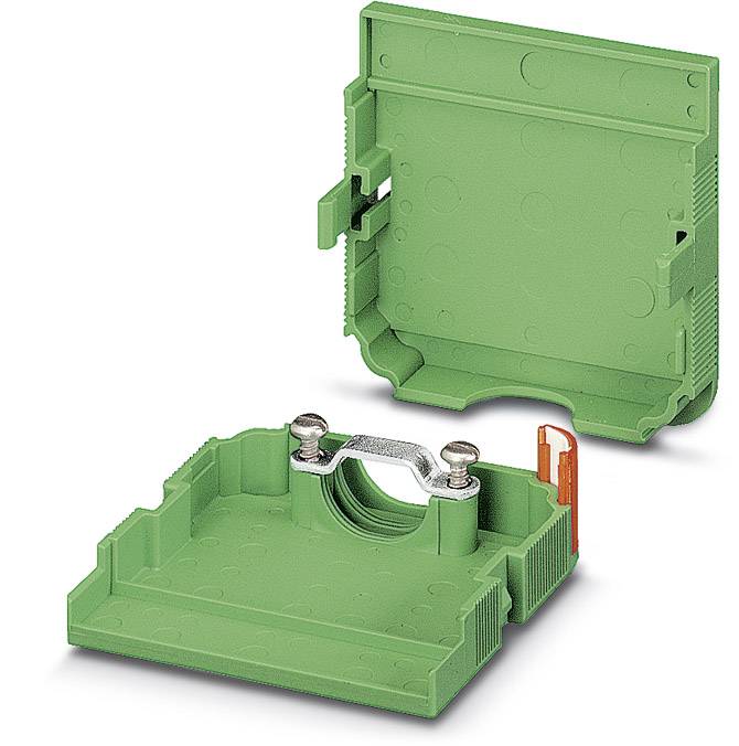 Grünes elektrisches Anschlussgehäuse, bestehend aus zwei Teilen, offen gezeigt. Oberer Teil entfernt vom unteren, der eine Metallklemme hat.