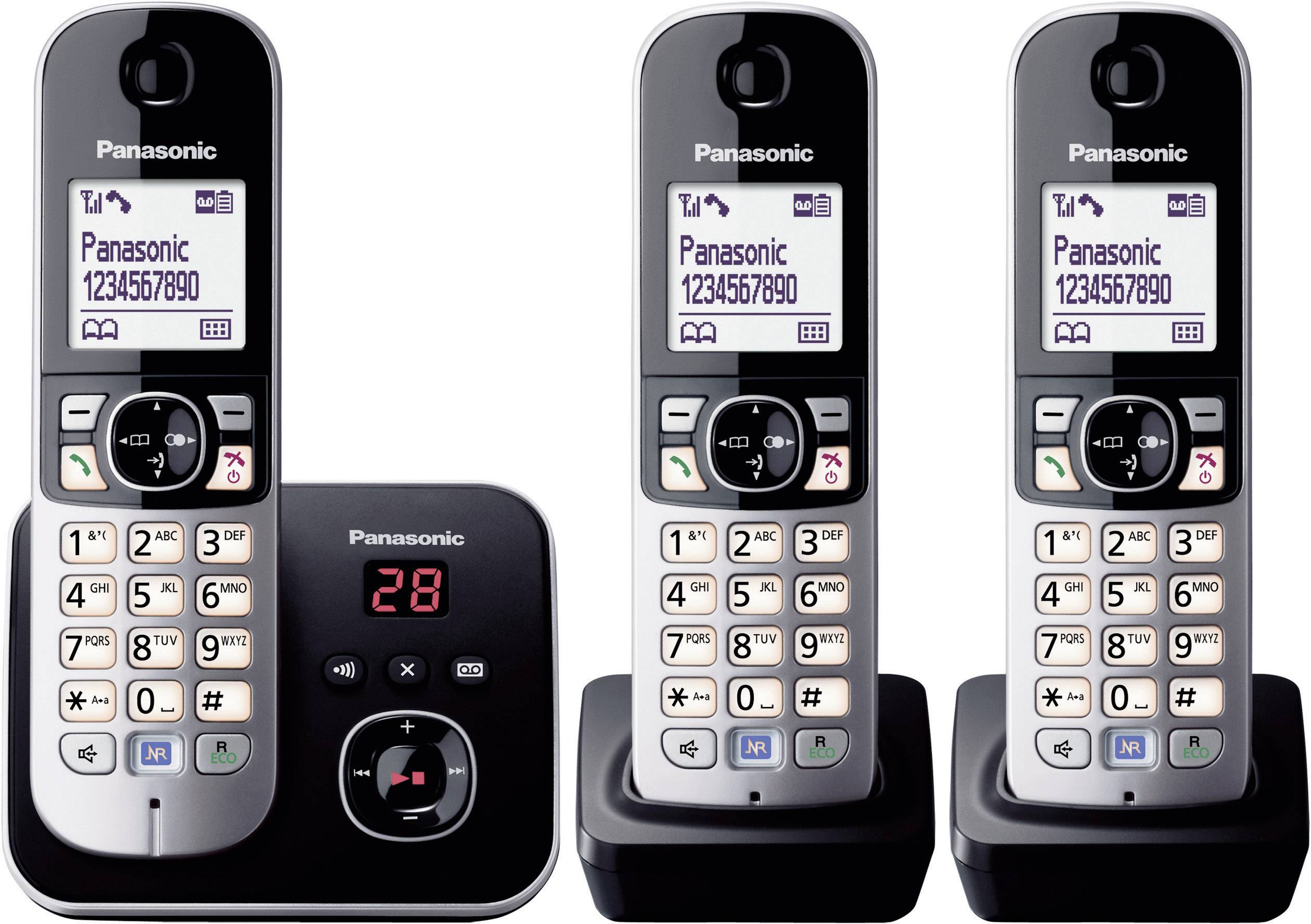 Drei schnurlose Telefone von Panasonic, aufrecht stehend. Das Haupttelefon zeigt eine Nummer an. Basisstation mit Anrufanzeige.