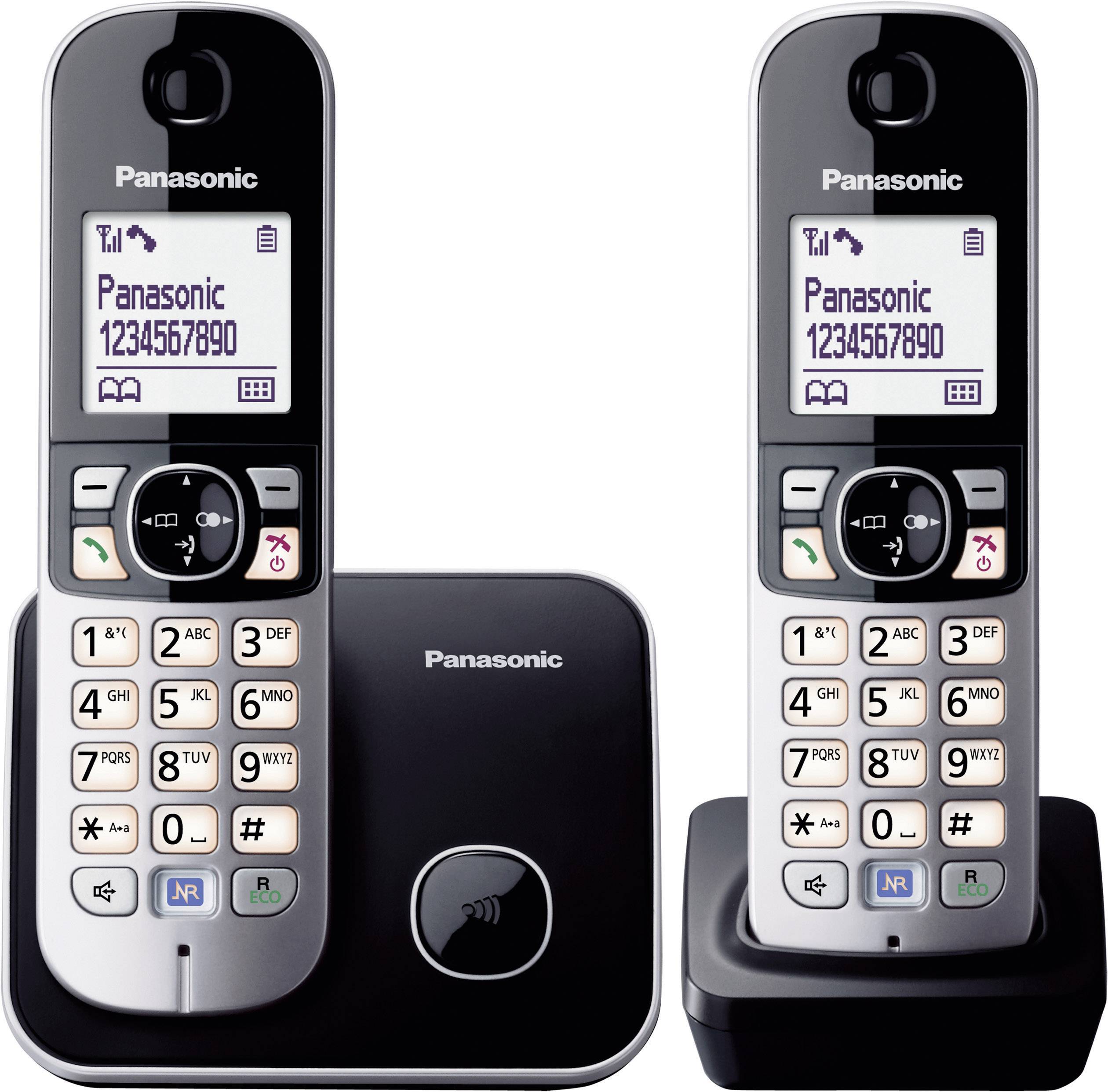 Zwei schnurlose Telefone von Panasonic mit Display, Anzeige der Telefonnummer '1234567890', Tastenfeld, Basisstation.