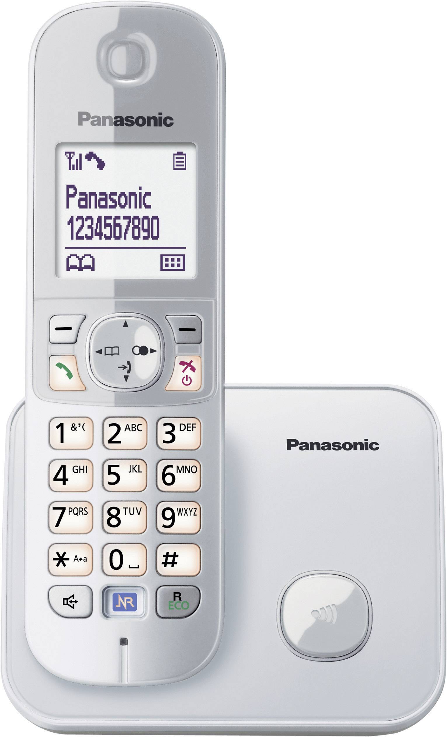 Kabelloses Telefon von Panasonic auf Basisstation, zeigt Nummer '1234567890'. Tasten mit Symbolen für Anrufe und Menüoptionen.