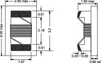 Technische Zeichnung eines Metallteils mit Maßangaben in Millimetern, illustriert durch Draufsicht und Querschnitt.