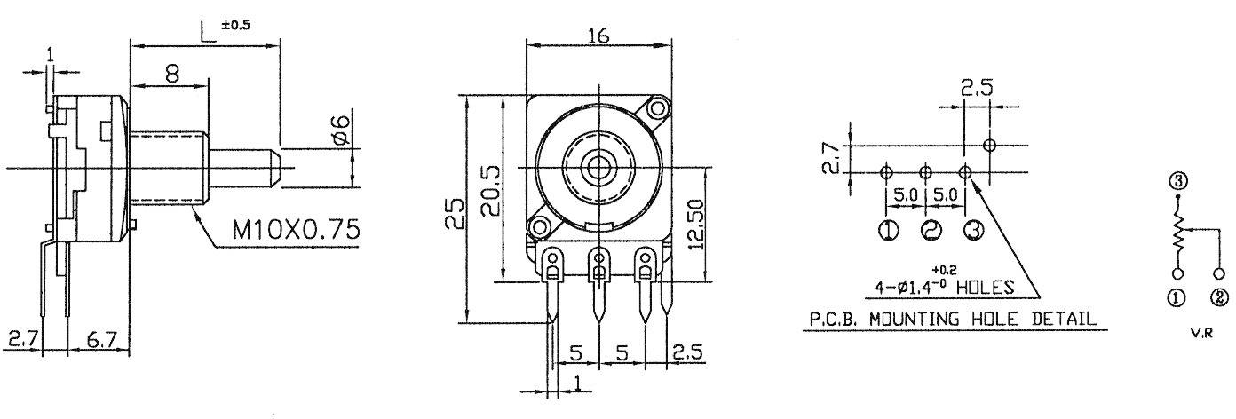 'Elektronische Zeichnung eines Potentiometers mit Abmessungen. Zeigt Front- und Seitenansicht sowie Montageanweisungen für die Leiterplatte.'