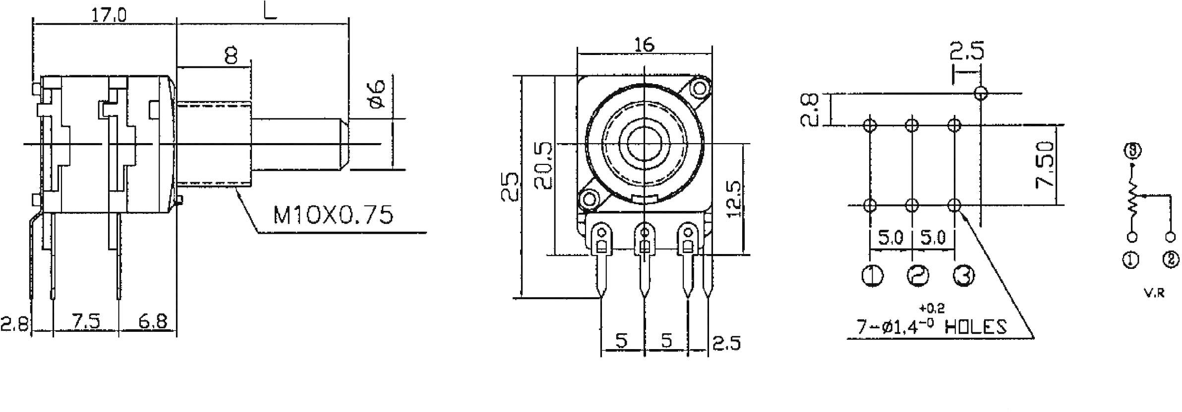Technische Zeichnung eines Potentiometers mit Abmessungen. Zeigt Front-, Seiten- und Oberansicht sowie die elektrische Schaltzeichnung.