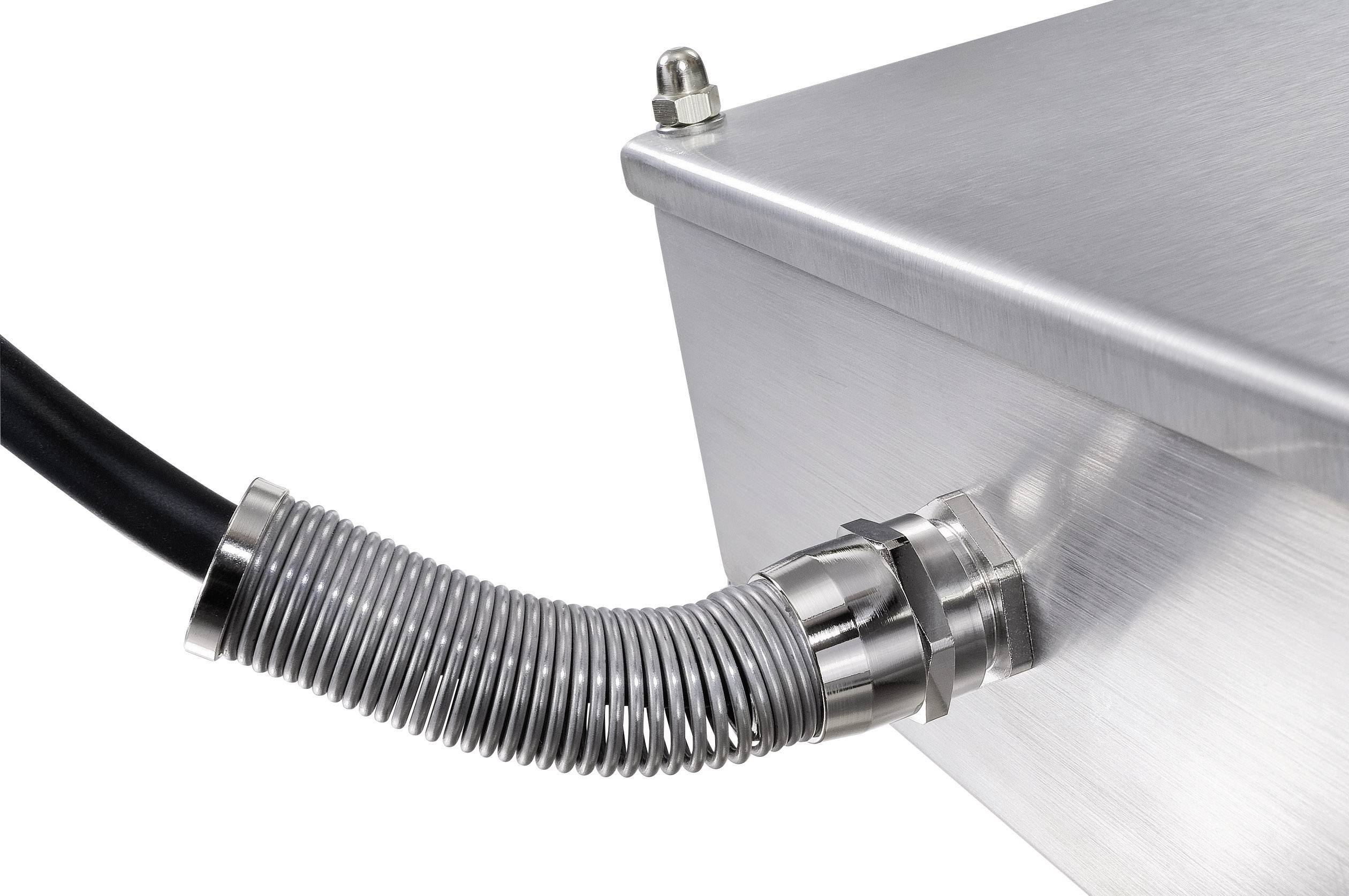 Ein Metallgehäuse mit einem flexiblen Wellrohr und Kabel, das in einen Anschluss führt. Industrielles Verbindungselement.