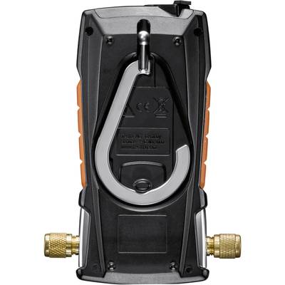 Ein schwarzes Gerät mit orangenen Seiten und goldenen Anschlüssen. Ein großer Haken ist in der Mitte befestigt.