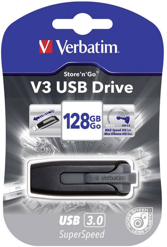 Verbatim V3 USB 3.0 Stick, 128GB, auf einer Verpackung abgebildet. Schneller Datentransfer von bis zu 80MB/s. Umweltfreundliches Design.