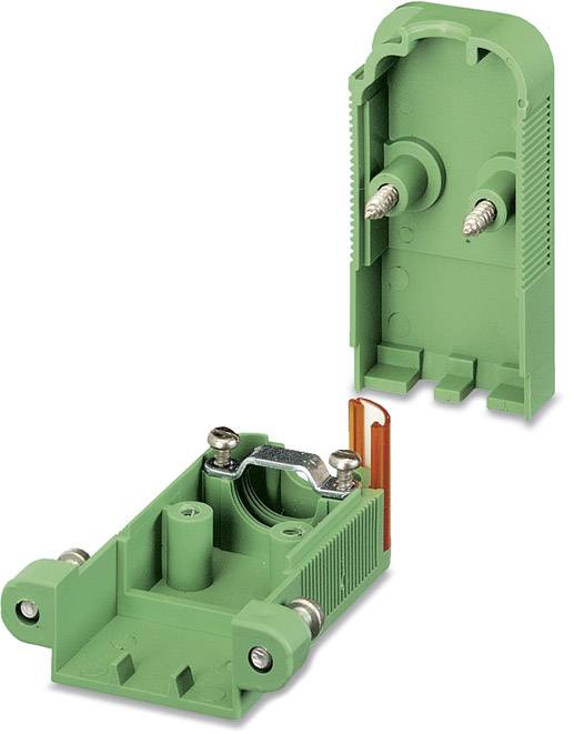 Grüner elektrischer Anschlussstecker mit abnehmbarem Gehäuseteil, sichtbar sind metallische Kontaktpunkte und Schraubverbindungen.