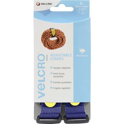 Verstellbare Klett-Gurte von Velcro, 25mm x 92cm, wetterfest. Verpackung zeigt ein abgebildetes Produkt in Blau und Gelb.
