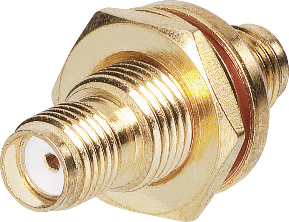 Goldener koaxialer Stecker mit Gewinde und Isolator, geeignet für Hochfrequenzübertragungen in elektronischen Geräten.