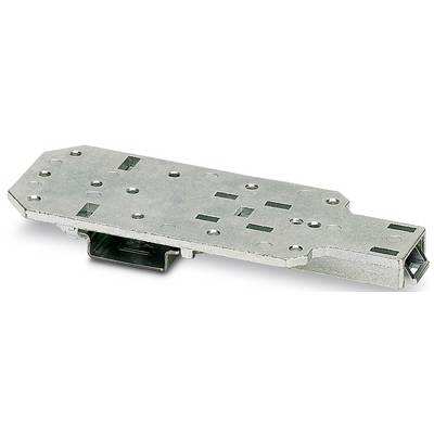 Metallplatte mit mehreren Bohrungen und Ausschnitten, geeignet für industrielle Anwendungen. Flache, rechteckige Form mit abgerundeten Ecken.
