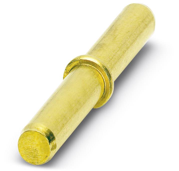 Ein goldener Metallstift mit einem mittleren Ring dient als elektrischer Kontakt oder Verbindungsstück in technischen Anwendungen.