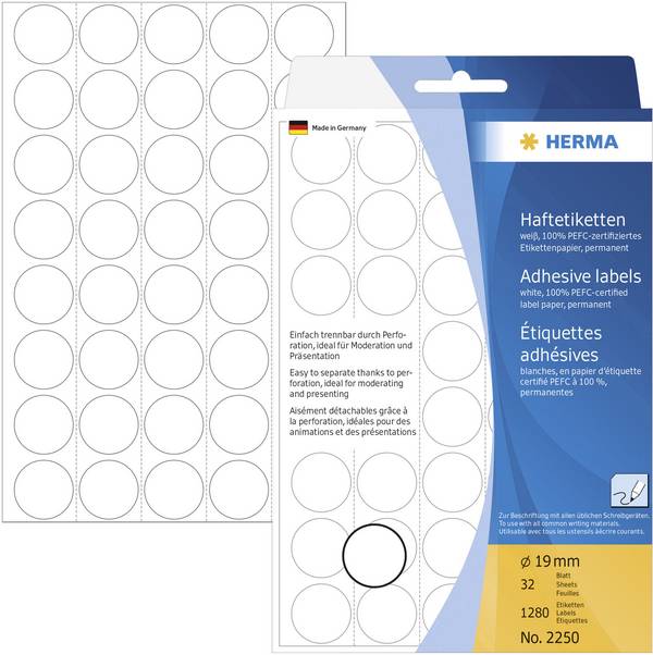Herma 2250 Etiketten Ø 19 mm Papier Weiß 1280 St. Permanent haftend Markierungspunkte Etiketten