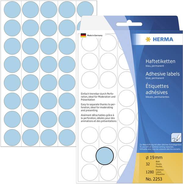 Herma 2253 Markierungspunkte Etiketten Ø 19 mm Blau 1280 St. Permanent haftend Papier