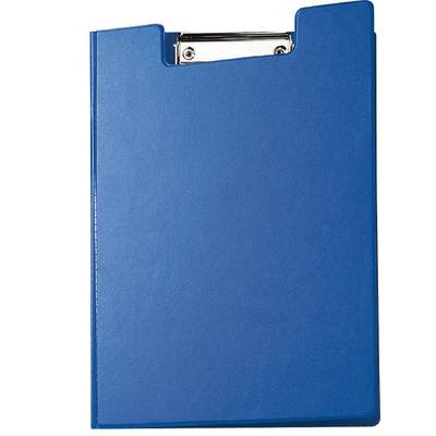 Ein blauer Klemmbrettordner mit einer Metallklammer am oberen Rand, aufrecht stehend, ohne Papier oder Dekoration.