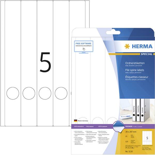 Herma 5130 Ordner-Etiketten 38 x 197 mm Papier Weiß 125 St. Permanent haftend Tintenstrahldrucker, Laserdrucker, Farblaserdrucker, Kopierer, Farbkopierer, Handbeschriftung