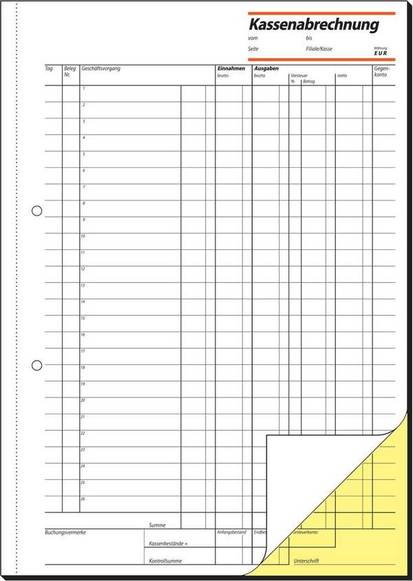 Formularbuch Kassenabrechnung A4 VE=2x50 Blatt