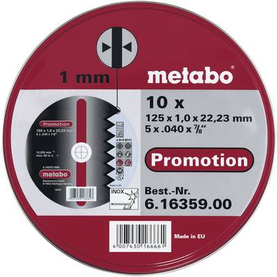 Runde Verpackung der Marke 'metabo' für 10 Trennscheiben, 125 x 1,0 x 22,23 mm. Text: 'Promotion', Produktnummer 6.16359.00.