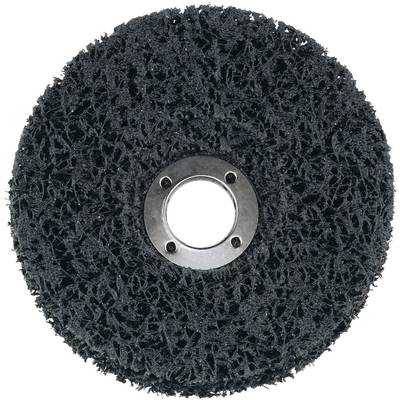 Ein schwarzes Schleifpad mit einer runden, löchrigen Struktur und einem Metallring in der Mitte, verwendet zum Schleifen oder Polieren.