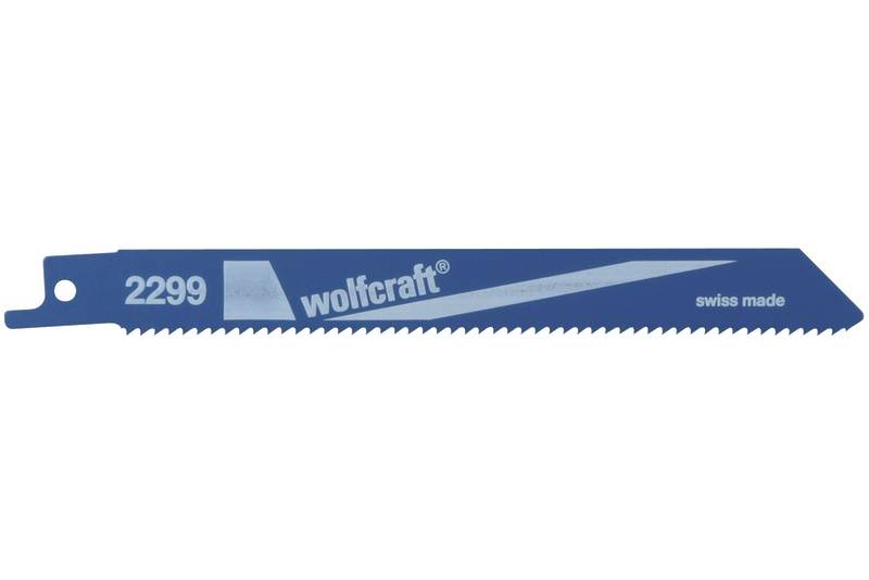 Blaue Stichsägeblatt mit Aufschrift 'wolfcraft 2299 swiss made'.