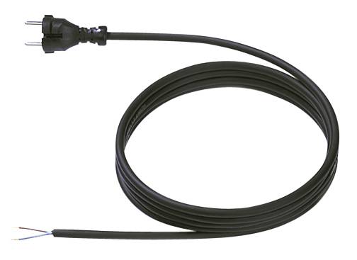 Ein schwarzes Netzkabel mit einem europäischen Stecker auf der einen Seite und offenen, abisolierten Drahtenden auf der anderen Seite.