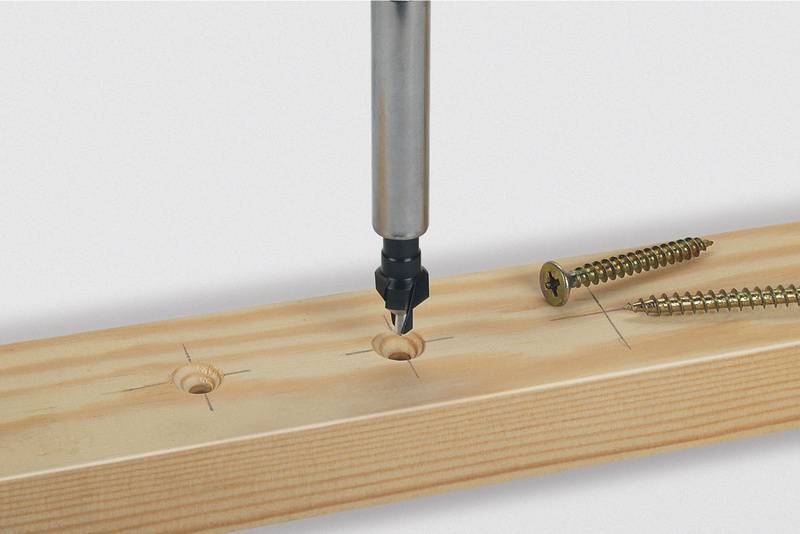 'Ein Bohrer senkt Löcher in ein Holzbrett, daneben liegen zwei Holzschrauben.'